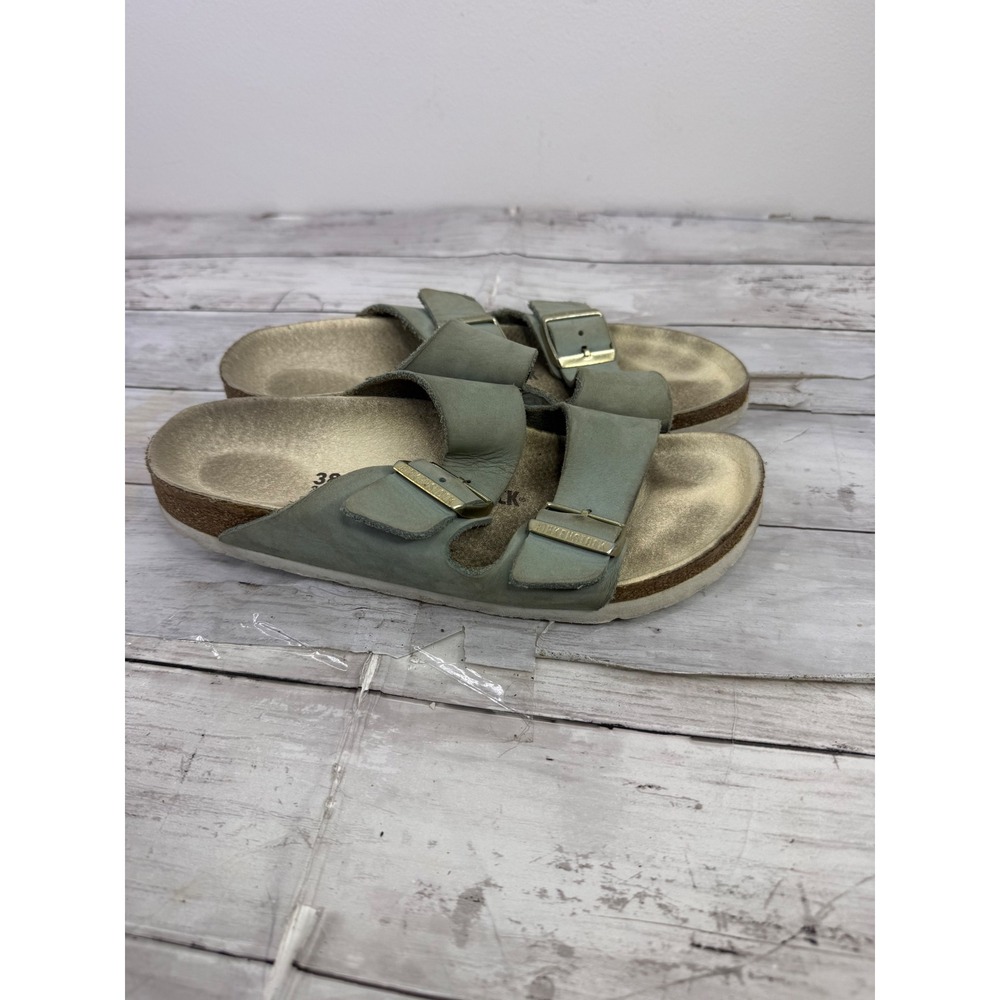 Birkenstock Arizona Sandals Sage Green Leather Gold Footbed Womens 38